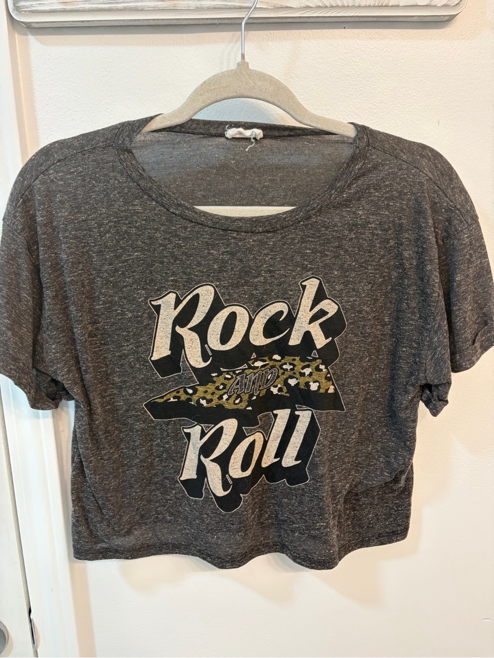 Le Lis Charcoal 'Rock and Roll' Crop Tee with Leopard Accent